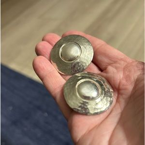 MB SF (Majorie Baer) Round Silvertone Clip Earrings 1 1/4” Diameter. Signed